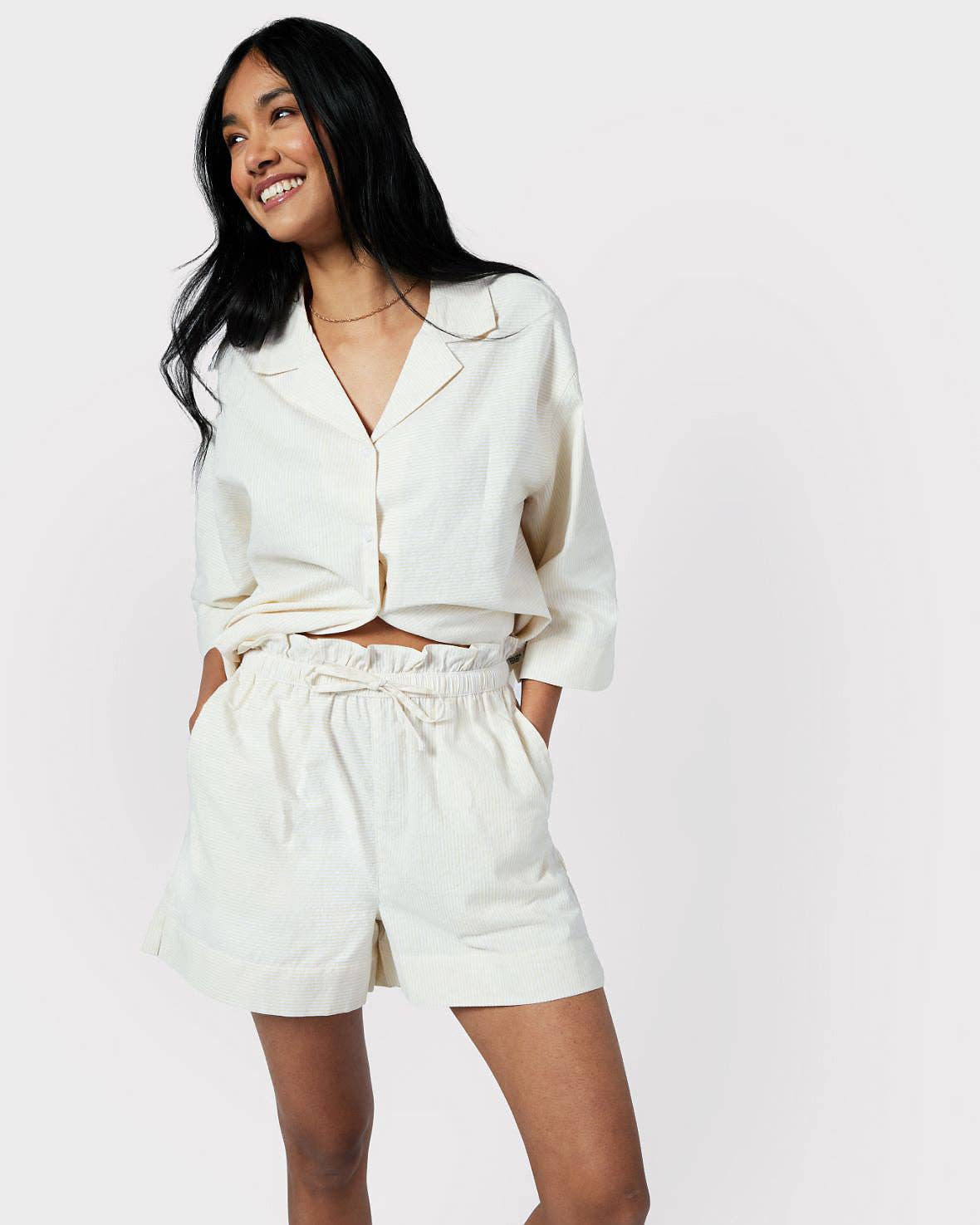 Chelsea Peers - Poplin Micro Stripe Short Pyjama Set - Yellow & White