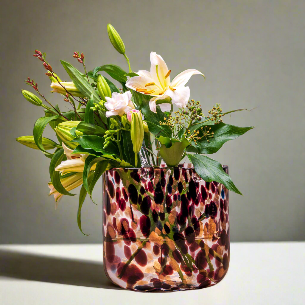 The Glass House Wholesale Interiors Ltd. - Large Ruby and Gold Dust Handbag Vase.