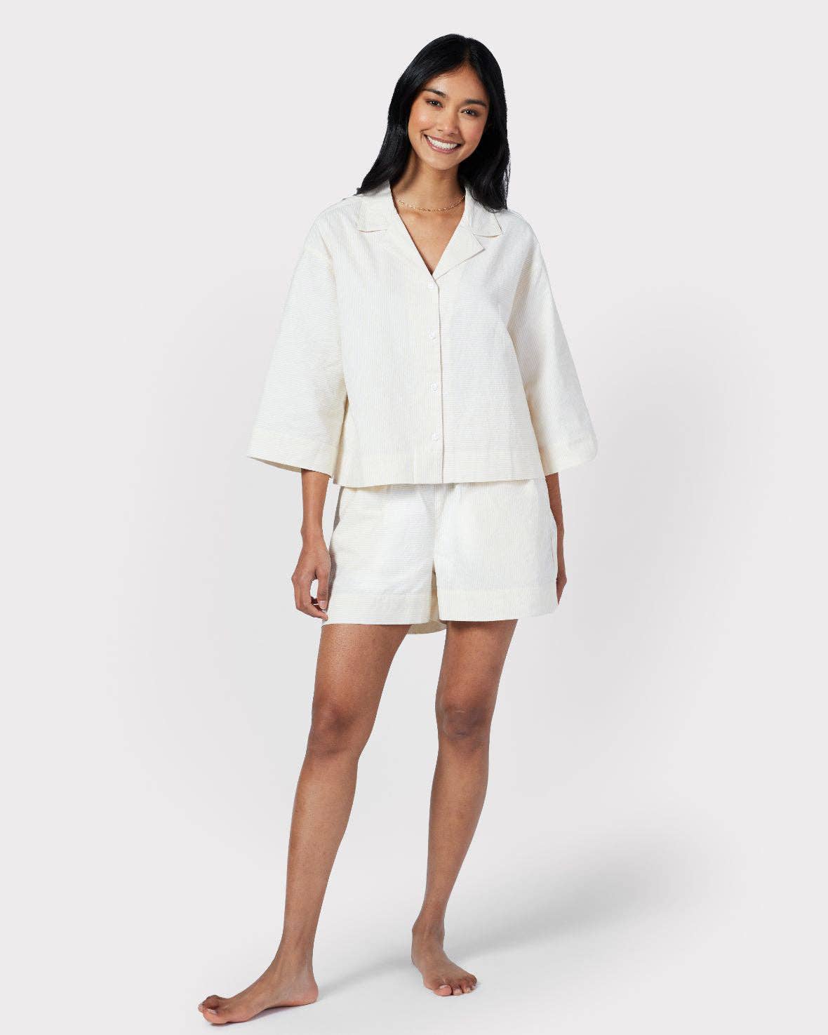 Chelsea Peers - Poplin Micro Stripe Short Pyjama Set - Yellow & White