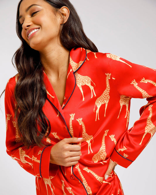Chelsea Peers - Satin Red Giraffe Print Long Pyjama Set