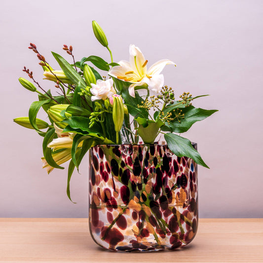 The Glass House Wholesale Interiors Ltd. - Large Ruby and Gold Dust Handbag Vase.